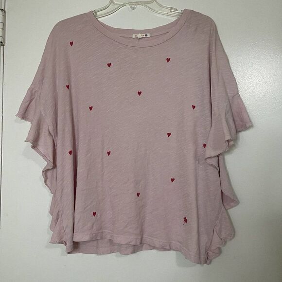 SUNDRY pink hearts flutter short sleeve shirt size 2 Medium - Picture 2 of 7